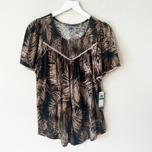 Democracy Palm Print Blouse Size L NWT Brown Gathered Boho Tropical Shirt